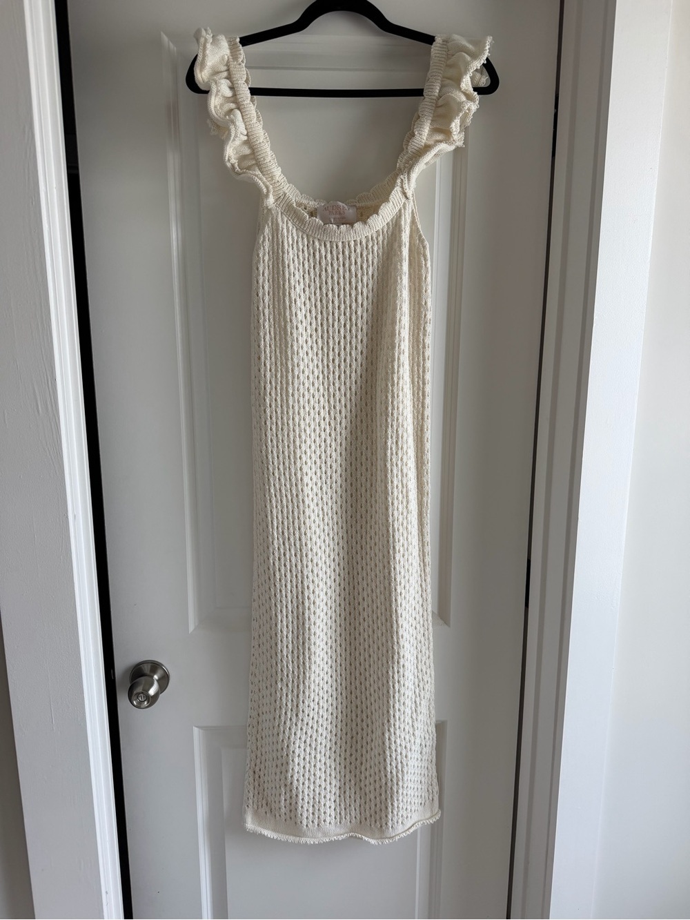 Audrey Parks Francesca’s Cream Crochet Ruffle-Strap Midi Dress